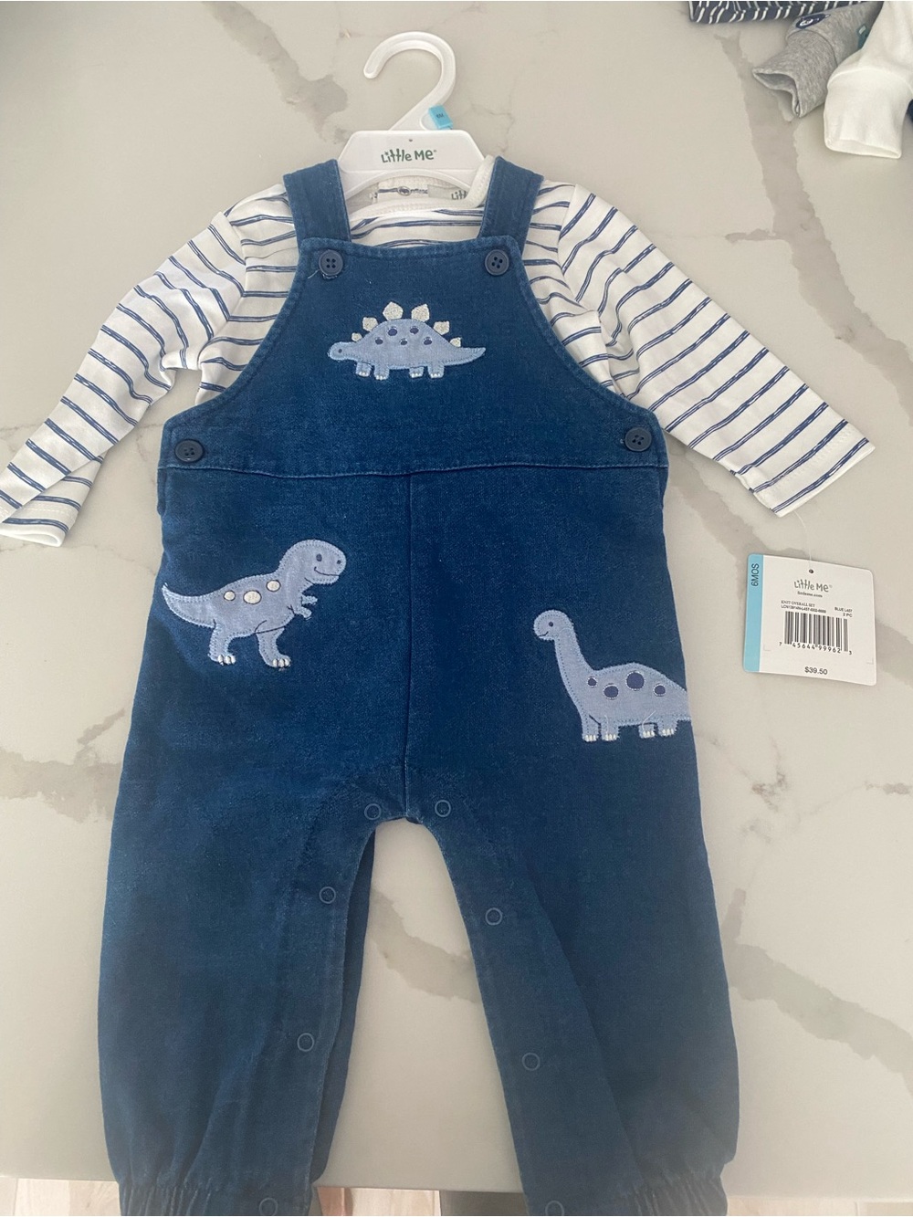Little Me Blue Dinosaur Knit Overall Set with Striped Bodysuit